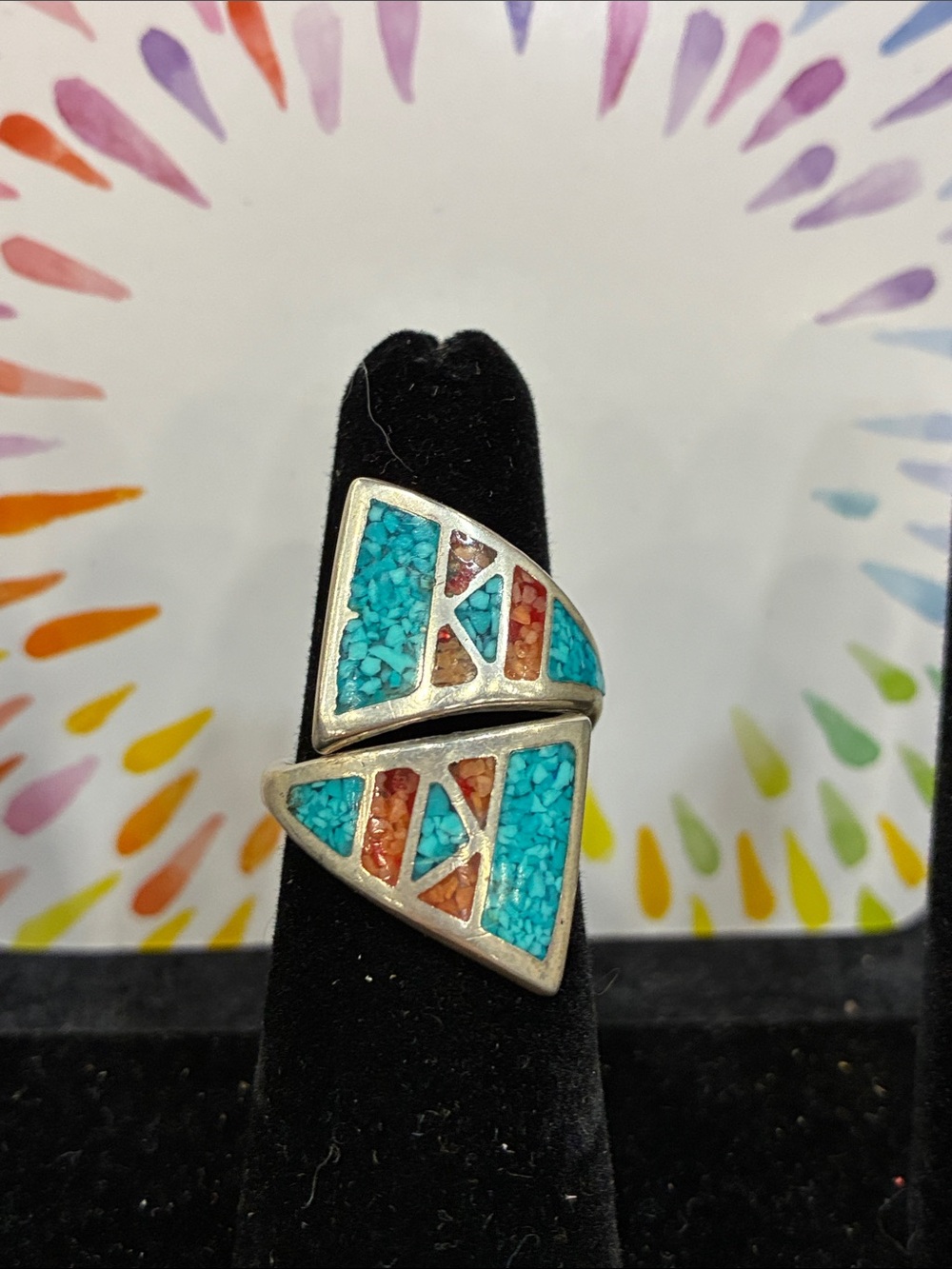 Turquoise and Coral Inlay Sterling Silver Double Triangle Ring